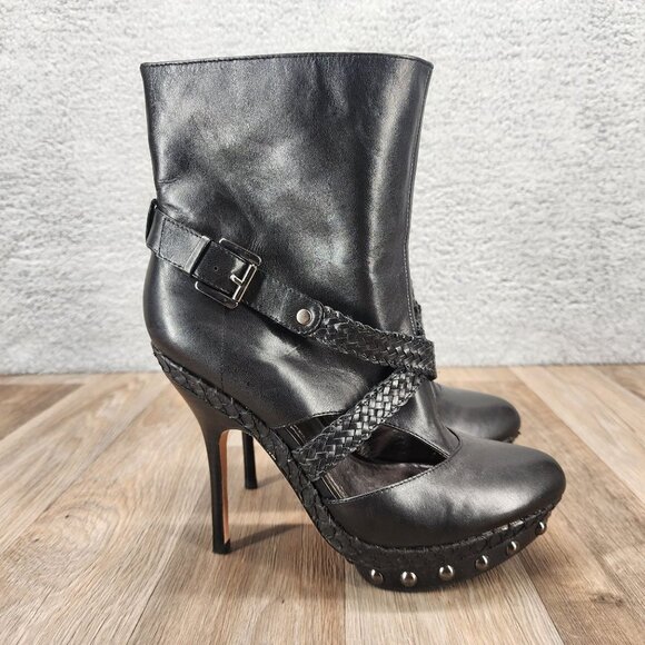 Charles David Women's 9.5 Black Leather Ankle Pull On Cut Out Heeled Booties - Picture 1 of 11